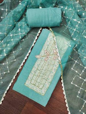 Turquoise cotton banarasi handwork unstitched dress material 2