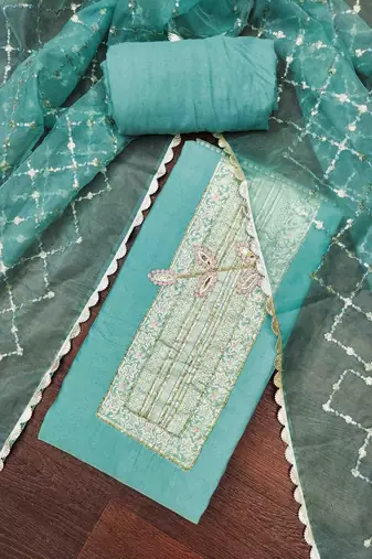 Turquoise cotton banarasi handwork unstitched dress material