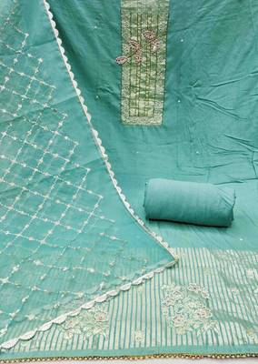 Turquoise cotton banarasi handwork unstitched dress material 4