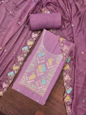 Lavender cotton silk embroidered unstitched dress material 2