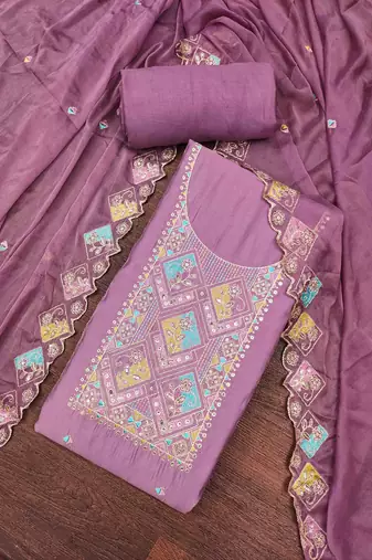 Lavender cotton silk embroidered unstitched dress material
