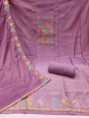 Lavender cotton silk embroidered unstitched dress material 4