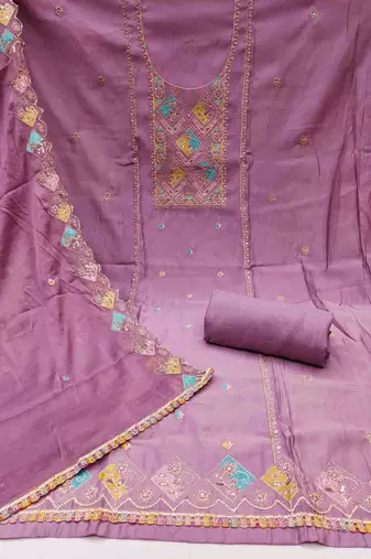 Lavender cotton silk embroidered unstitched dress material