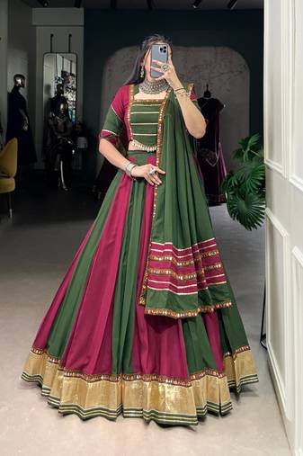 Wine & Green Rayon Lehenga Choli with Gota Patti Lace and Mirror Work