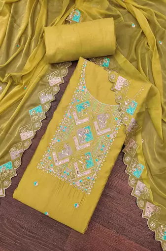 Yellow cotton silk embroidered unstitched dress material