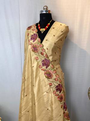 Cream Color Tussar Silk Floral Thread Embroidered Saree 1