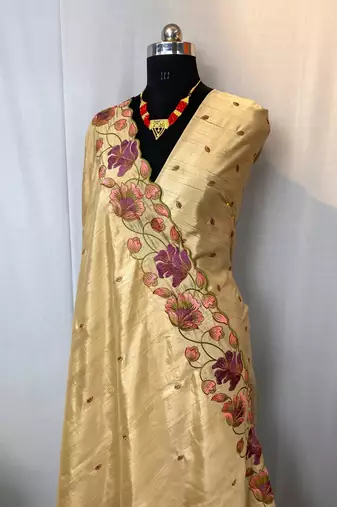 Cream Color Tussar Silk Floral Thread Embroidered Saree