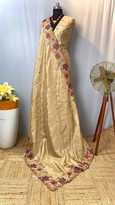 Cream Color Tussar Silk Floral Thread Embroidered Saree 2