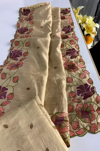 Cream Color Tussar Silk Floral Thread Embroidered Saree