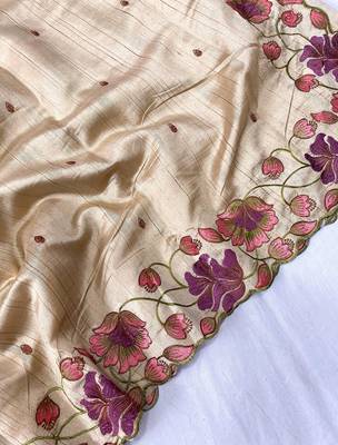 Cream Color Tussar Silk Floral Thread Embroidered Saree 4