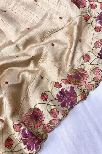 Cream Color Tussar Silk Floral Thread Embroidered Saree