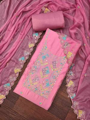 Pink cotton silk embroidered unstitched dress material 2
