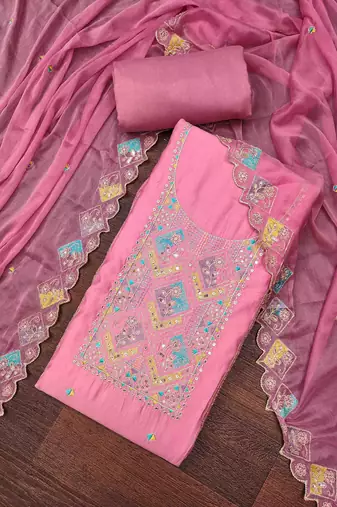 Pink cotton silk embroidered unstitched dress material