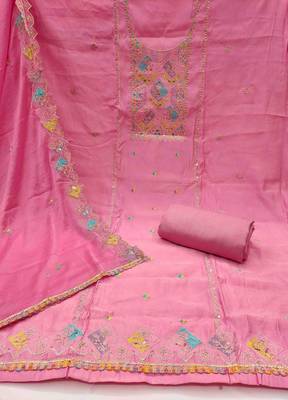 Pink cotton silk embroidered unstitched dress material 4
