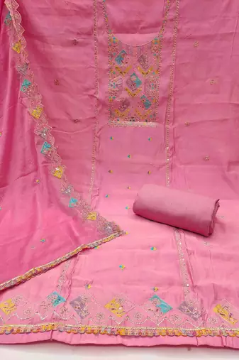 Pink cotton silk embroidered unstitched dress material