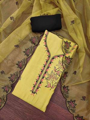 Yellow cotton silk embroidered unstitched dress material 2
