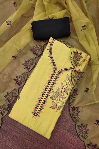 Yellow cotton silk embroidered unstitched dress material