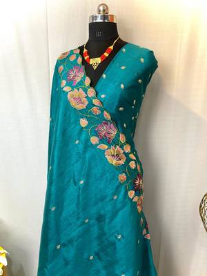 Turquoise Blue Color Tussar Silk Floral Thread Embroidered Saree 1