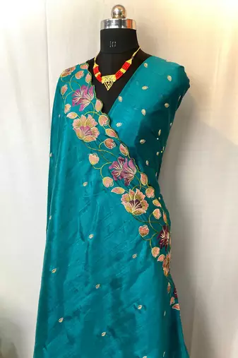 Turquoise Blue Color Tussar Silk Floral Thread Embroidered Saree