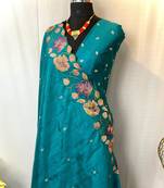 Turquoise Blue Color Tussar Silk Floral Thread Embroidered Saree