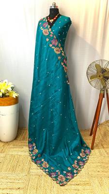 Turquoise Blue Color Tussar Silk Floral Thread Embroidered Saree 2