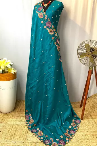 Turquoise Blue Color Tussar Silk Floral Thread Embroidered Saree