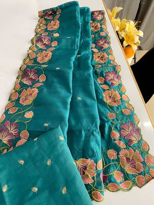 Turquoise Blue Color Tussar Silk Floral Thread Embroidered Saree 3