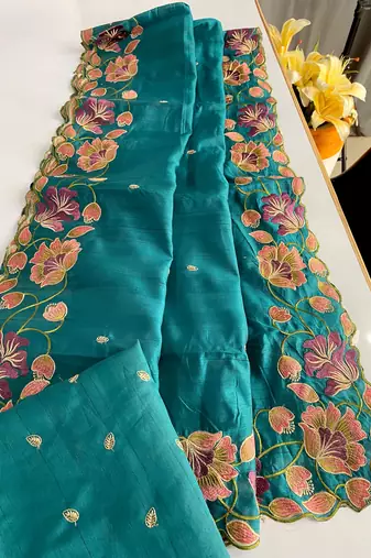 Turquoise Blue Color Tussar Silk Floral Thread Embroidered Saree