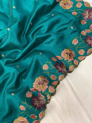 Turquoise Blue Color Tussar Silk Floral Thread Embroidered Saree 4