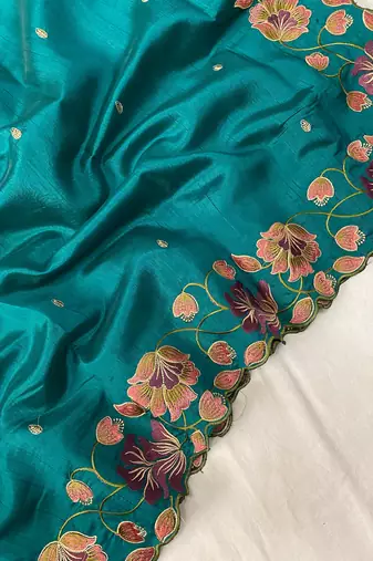 Turquoise Blue Color Tussar Silk Floral Thread Embroidered Saree