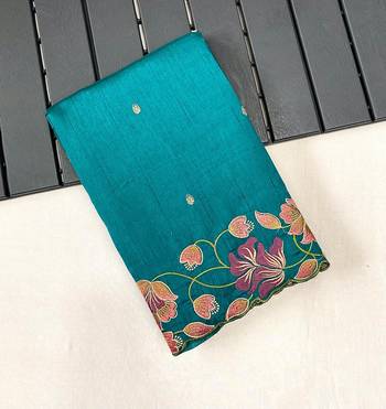 Turquoise Blue Color Tussar Silk Floral Thread Embroidered Saree 5