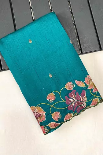 Turquoise Blue Color Tussar Silk Floral Thread Embroidered Saree