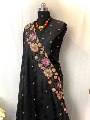 Black Color Tussar Silk Floral Thread Embroidered Saree 1
