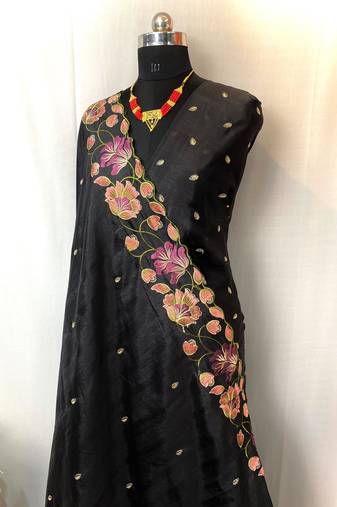 Black Color Tussar Silk Floral Thread Embroidered Saree