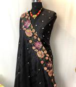 Black Color Tussar Silk Floral Thread Embroidered Saree