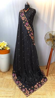 Black Color Tussar Silk Floral Thread Embroidered Saree 2