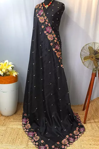 Black Color Tussar Silk Floral Thread Embroidered Saree
