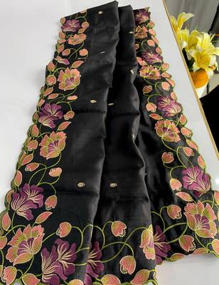 Black Color Tussar Silk Floral Thread Embroidered Saree 3