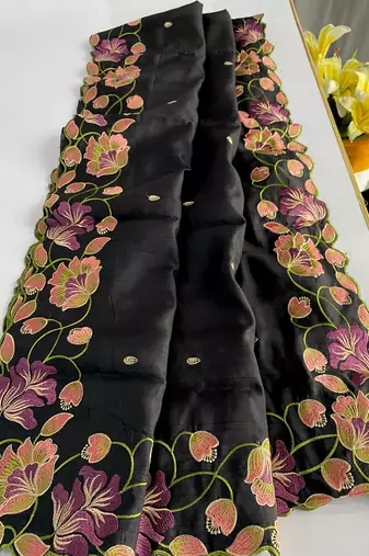 Black Color Tussar Silk Floral Thread Embroidered Saree