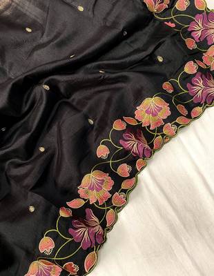 Black Color Tussar Silk Floral Thread Embroidered Saree 4