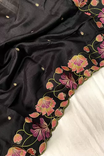 Black Color Tussar Silk Floral Thread Embroidered Saree