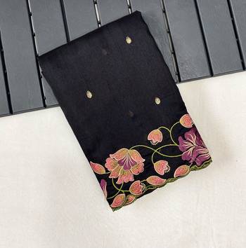 Black Color Tussar Silk Floral Thread Embroidered Saree 5