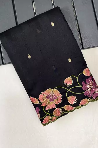 Black Color Tussar Silk Floral Thread Embroidered Saree