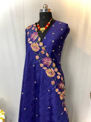 Navy Blue Color Tussar Silk Floral Thread Embroidered Saree 1