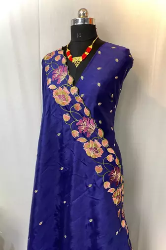 Navy Blue Color Tussar Silk Floral Thread Embroidered Saree