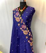 Navy Blue Color Tussar Silk Floral Thread Embroidered Saree