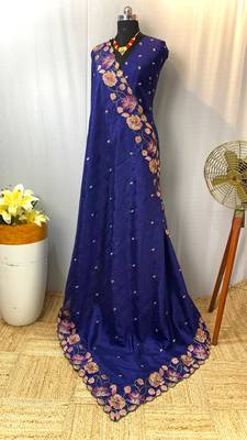 Navy Blue Color Tussar Silk Floral Thread Embroidered Saree 2