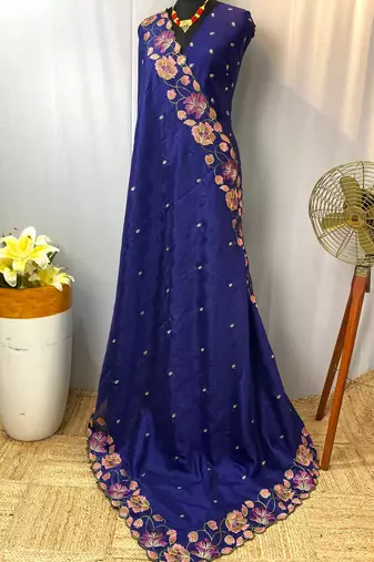 Navy Blue Color Tussar Silk Floral Thread Embroidered Saree