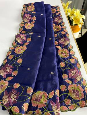 Navy Blue Color Tussar Silk Floral Thread Embroidered Saree 3