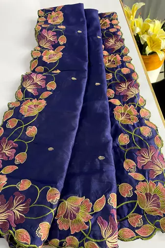 Navy Blue Color Tussar Silk Floral Thread Embroidered Saree